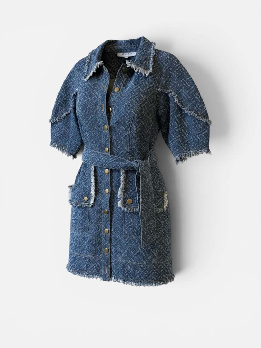 Elliatt Cora Frayed Denim Mini Dress M Blue Belted Puff Sleeve - Picture 11 of 11